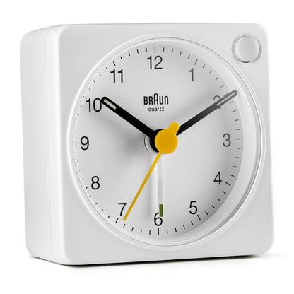 Braun Classic Travel Analogue Alarm Clock with Snooze and Light, Compact Size, Quiet Quartz Movement, Crescendo Beep Alarm in White, Model BC02XW.