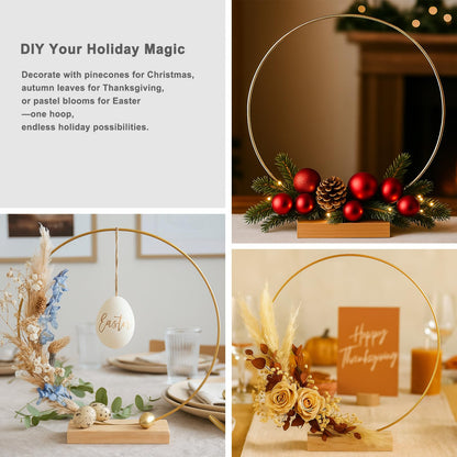 10 Pack Floral Hoop with Stand and 38-Yard Paddle Wire 12 Inch Metal Rings for DIY Centerpiece Table Decorations Crafts Macrame Rings Hoop Wreath Dream Catcher Rings Wedding Christmas Wreaths, Gold