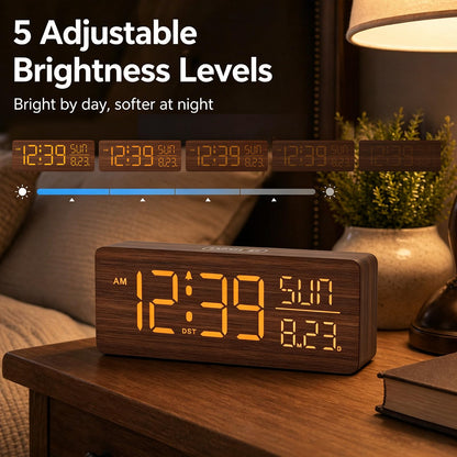 Peakeep Wooden Digital Alarm Clock Large Display, Textured Desk Table Decoration for Bedroom, Living Room, Plug in Clock with Time Date Day, 5 Brightness, Auto DST