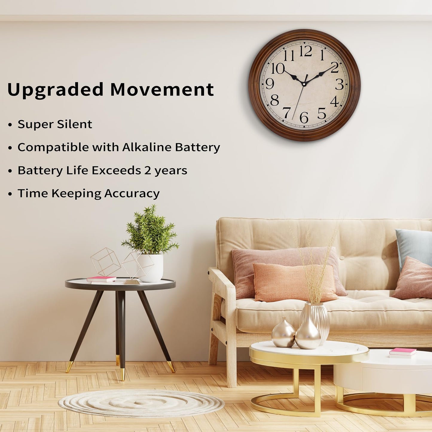 Foxtop Wood Wall Clock 14 Inch Silent Non-Ticking Battery Operated Large Retro Wooden Clock Decorative for Living Room Bedroom Kitchen Home Office