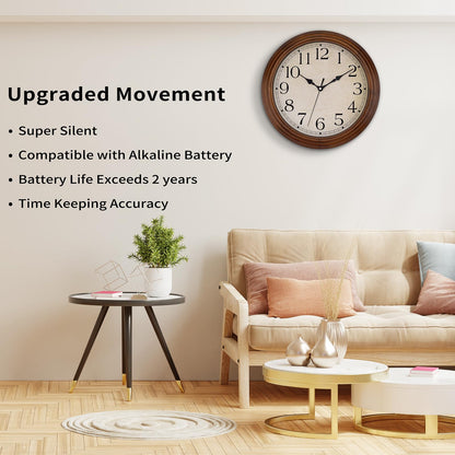 Foxtop Wood Wall Clock 14 Inch Silent Non-Ticking Battery Operated Large Retro Wooden Clock Decorative for Living Room Bedroom Kitchen Home Office