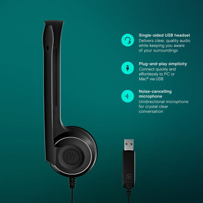 EPOS PC 7 USB Wired Headset – Lightweight Noise-Cancelling Boom Mic, Wideband Audio, Plug-and-Play USB-A, Crystal-Clear Calls for Skype, Zoom & Teams – Compatible with Windows, macOS, Chromeboo, Black