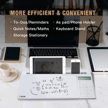SELEAD Desktop Glass Whiteboard with Calculator & Built-in Mirror, Dry Erase White Board Computer Pad Keyboard Stand with Organizer Drawer, Desk Accessories for Home, School, Office