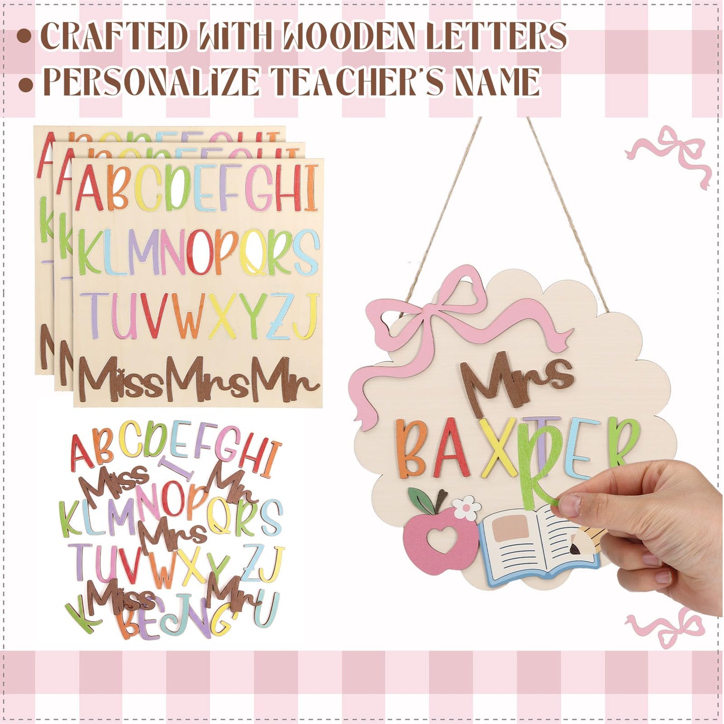 Sliner DIY Teacher Door Sign Classroom Welcome Door Sign DIY Wooden Letter Name Plate with Mr/mrs/miss Personalized Appreciation Teacher Gifts for Back to School Classroom Decor (Bow)
