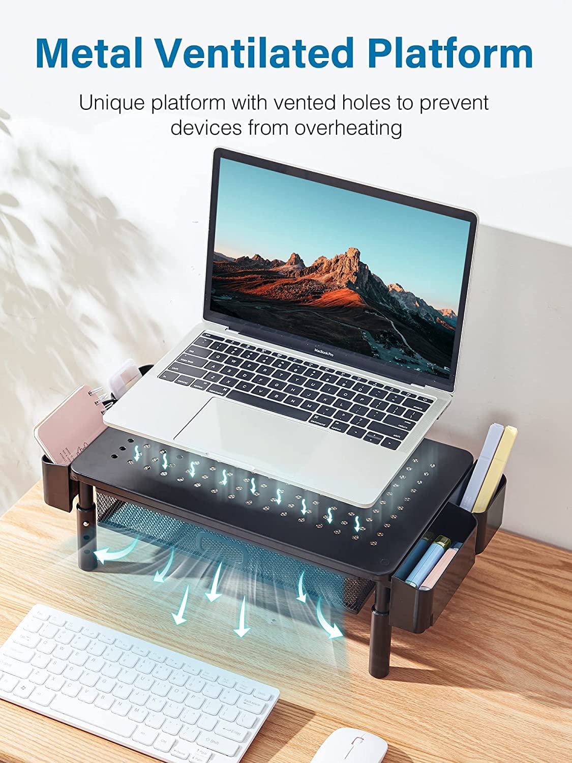 CHENOMiNL Desk Organizer with Drawer and Phone Holder, Computer Monitor Stand Riser for Home Office - Space-Saving Desktop Shelf with Sturdy Steel Frame, Black