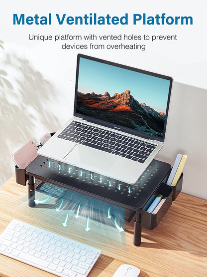 CHENOMiNL Desk Organizer with Drawer and Phone Holder, Computer Monitor Stand Riser for Home Office - Space-Saving Desktop Shelf with Sturdy Steel Frame, Black