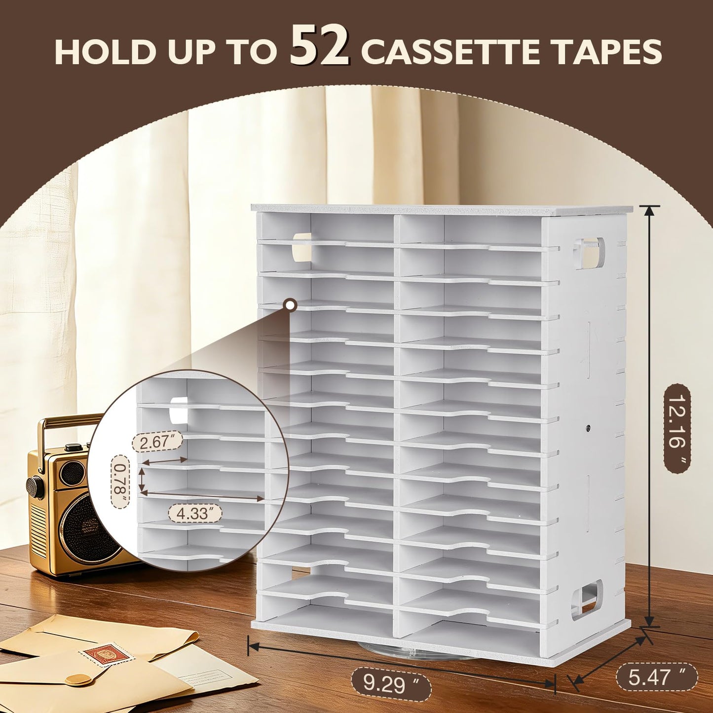 Arkiya Rotating Cassette Tape Storage Holder, 52 Slot Cassettes Organizer Rack, Audio Cassette Tape Display Shelf, Ideal Gift for Cassettes Collectors