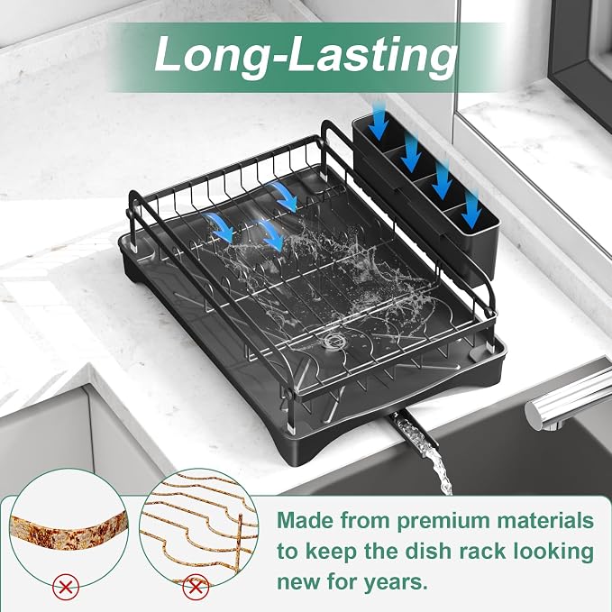 Dish Drying Rack for Kitchen Counter, Large Dish Drying Rack with Utensil Holder & Cutlery Tray, Dish Drainer with Drainboard, Black