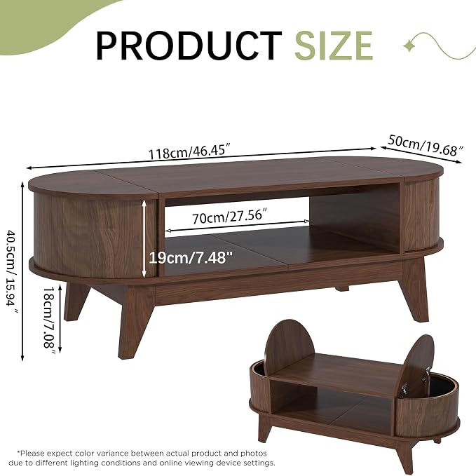 Coffee Table with Storage,Mid Century Modern Coffee Tables with 2 Flip-Top Hidden Lids,Fluted Coffee Table,Wood Center Tables for Living Room Home Office (Walnut Color)