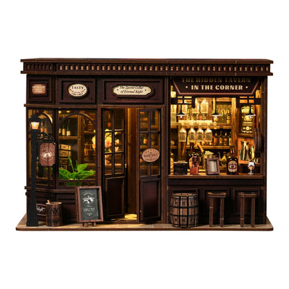 DIY Miniature House Kit, 3D Wooden Puzzle for Adults, Retro Corner Tavern Bar Model with LED Light & Furniture, Creative Roombox Building Set for Home Decor & Hobby Gift (Corner Tavern)
