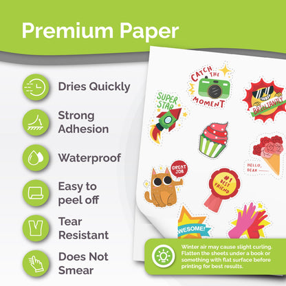 Premium Printable Vinyl Sticker Paper for Inkjet Printer - 34 Sheets Self-Adhesive Sheets Matte White Waterproof, Dries Quickly Vivid Colors, Holds Ink Well - Tear Resistant