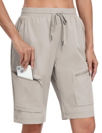 MoFiz Long Shorts for Women Knee Length Quick Dry Half Shorts Women Stretch Womens Long Hiking Shorts Knee Length with Pockets Light Khaki X-Large