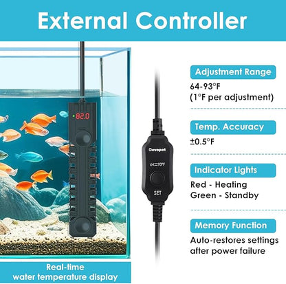 200W Aquarium Heater, Adjustable Fish Tank Heater, with Digital Display, Overheat Protection & Dry Run Protection, for 20-40 Gallon Water