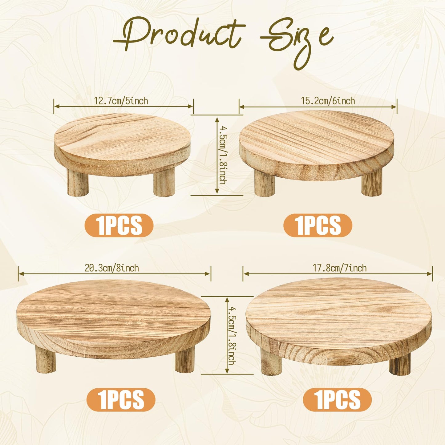 YBEATY 4 PCS Wooden Risers for Display, Wood Stool Round Pedestal Stand 8/7/6/5 Inch Mini Rustic Tiered Tray Riser Flower Pot Small Planter Holder for Home Kitchen Desktop Counter Room Patio Décor