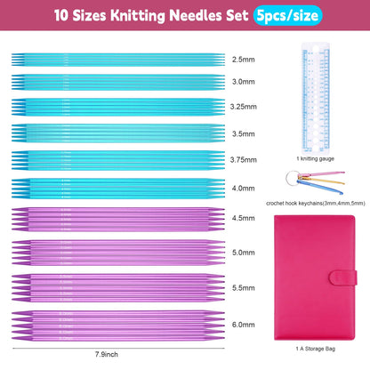 Hobekoee 50pcs Double Point Knitting Needles Set Aluminum Knitting Needle (2.5mm-6.0mm) 7.9-inch Knitting Needles for Beginners,DIY Knitting Projects,10 Sizes