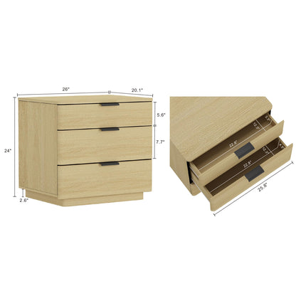 Manhattan Comfort Payton Modern 3-Drawer Nightstand with Raised Base and Rounded Corners, Boho End Table, Scandinavian Nightstand for Bedroom, or Living Room in Natural Oak Finish with Black Handles