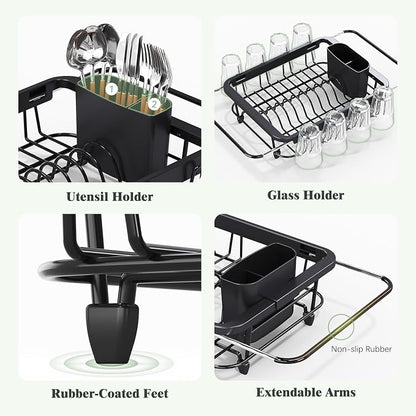 Urackify Expandable Dish Drying Rack Over The Sink, Adjustable Dish Rack in Sink, Rustproof Dish Drainer for Kitchen Counter, Dish Strainer with Utensil Holder (Black, Standard)
