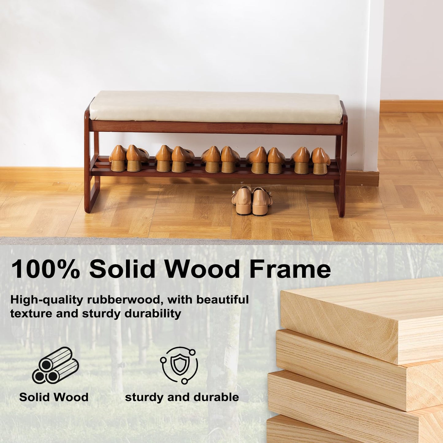 SOBIBO Solid Wood Shoe Bench, 2-Tier Wooden Entryway Bench, Modern Shoe Rack with Faux Leather Cushion for Hallway, Living Room (Gray, 39.4'')
