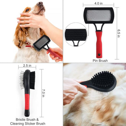 Wisedog Dog Grooming Kit 8PCS - Pin & Bristle Brush, Slicker Brush, Dematting Tool, Nail Clipper, Hair Removal Mitts, Flea Comb for Dogs and Cats (Reddish-black)