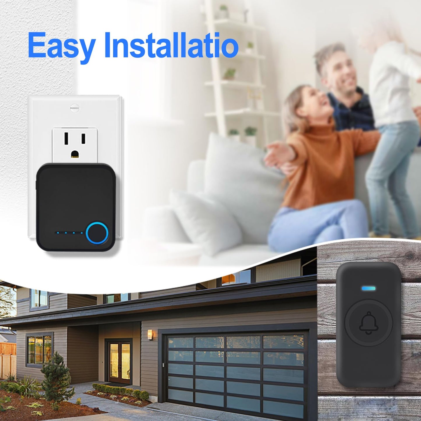Wireless Doorbell, Waterproof Door Bell with 60 Chimes, 5 Levels Volume and LED Flash, 1000ft Long Range Classroom Doorbell for Home Office Hospital (2 Receiver & 1 Button, Black)