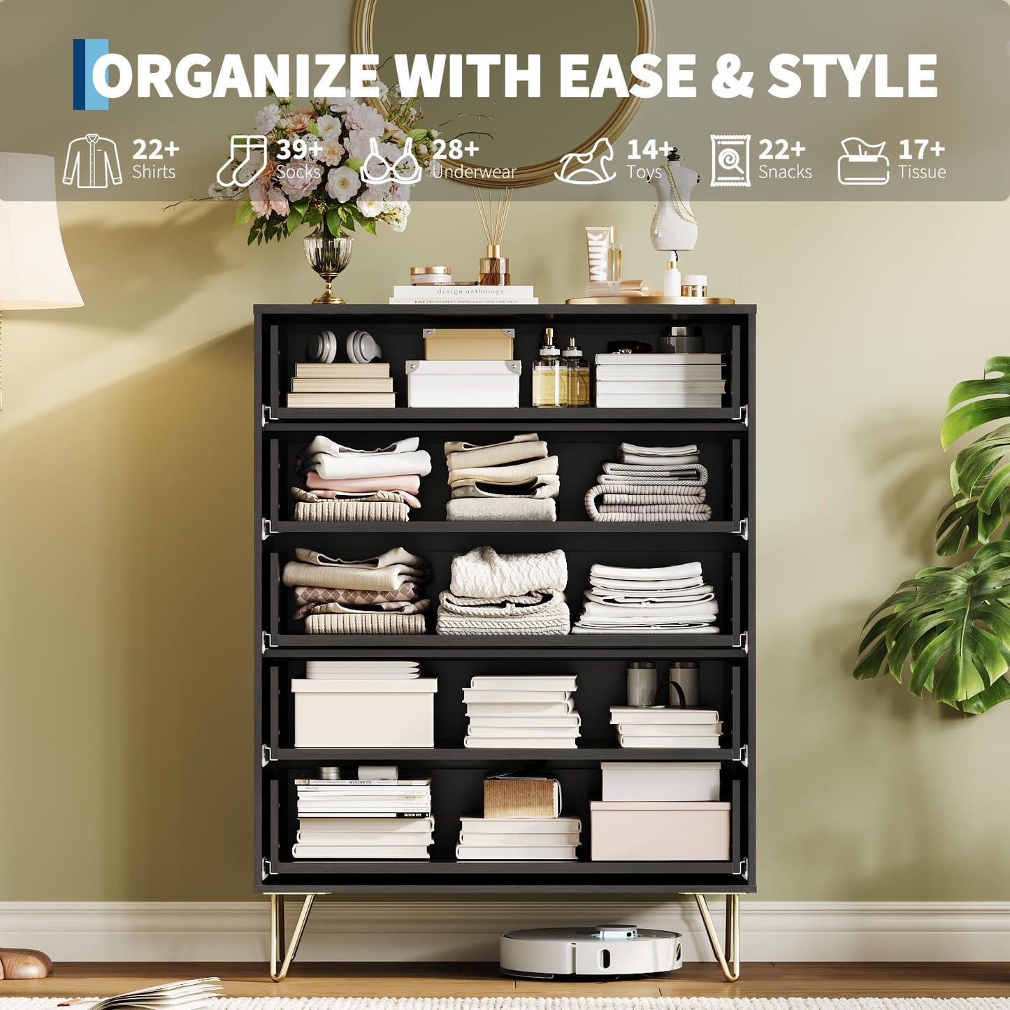 GarveeHome Fluted Dresser for Bedroom with 5 Drawers,32" Wide Modern Chest of Wooden Bedroom Chest with Metal Handle,Clothes Storage Organizer,Dresser & TV Stand for Living Room,Black