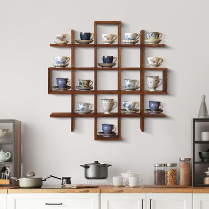 Suzile Oversize Tea Cups and Saucers Shelf Rustic Wooden Coffee Display Shelves Wooden Floating Curio Shelf Mounted Tea and Saucer Rack Holder for Kitchen Station Bar Accessories(Brown)