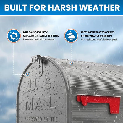 Plexon Gray Jumbo Size Rural Mailbox, 3175 cu-in Capacity, Galvanized Steel, Powder-Coated, 15 in. H x 11.69 in. W x 24.82 in. L