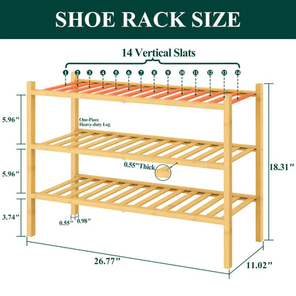 Smiry Bamboo Shoe Rack for Closet, 3 Tier Wooden Shoe Organizer, Stackable Wood Shoe Storage Shelf for Entryway, 14 Vertical Slats, One-piece Heavy-Duty Legs, 26.77"x11.02"x18.31", Natural