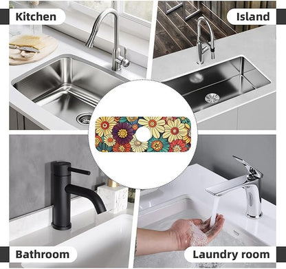 Kitchen Faucet Mat 15 x 5.5 Inch Abstract retro flower Faucet Draining Mat