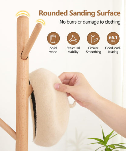 Cozivolife Standing Coat Rack,Wooden Coat Rack Stand with 9 Hooks and 3 Height Adjustable,Beech Wood Tree Coat for Bedroom,Office,Entryway (Bamboo)