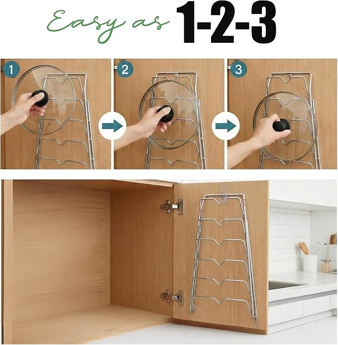 Evelots 6-Tier Pot Lid Organizer for Cabinet Door or Pantry Wall - Pots and Pans Lid Holder Rack - Glass or Metal Pan Covers Cabinet Organizer Kitchen Storage - Chrome Finished
