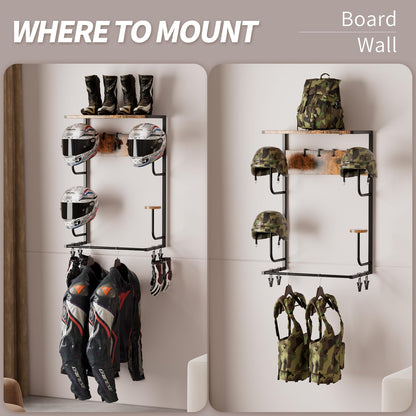 OMISRUIS Motorcycle Helmet Holder Wall-Mounted Helmet Rack with 4 Glove Chips& Hooks - Rustic Bike Helmets Storage Organizer, Universal Wall Mount for Helmets, Gear, Clothes, Accessories，Retro