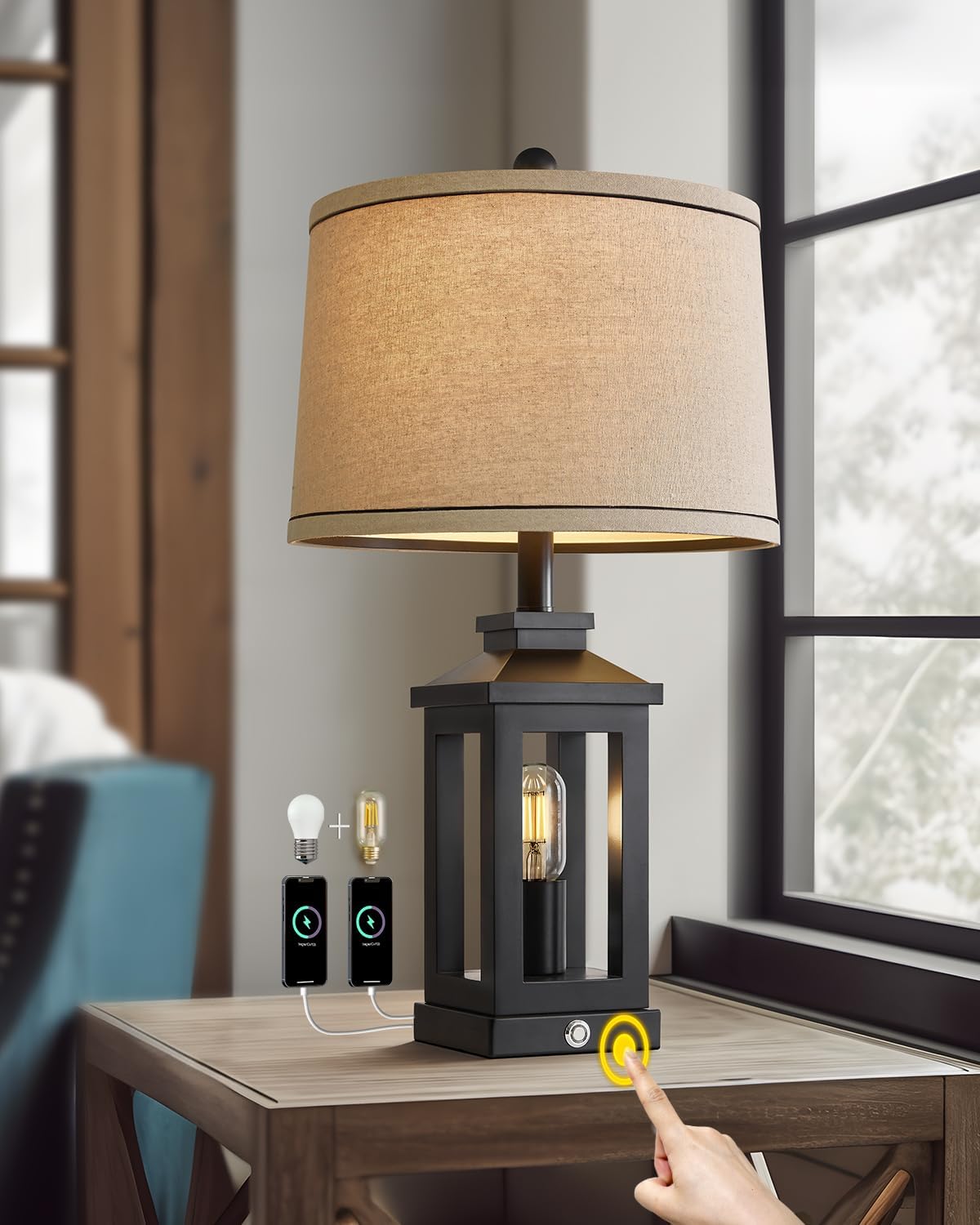 G-SAFAVA 23.75" Retro Farmhouse Black Table Lamp for Living Room Bedroom Nightstand Single Pack Touch Control Bedside Nightlight Vintage Modern Lamp with USB C+A Ports and 2 Light Sources