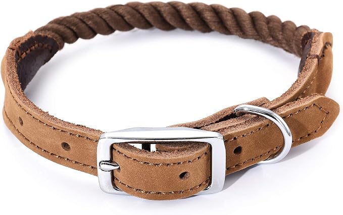 Mile High Life Genuine Leather Dog Collar, Durable Braided Cotton Rope Collar with Metal Pin Buckle for Small Medium Large Dogs (Dark Brown, M Neck 15"-18")