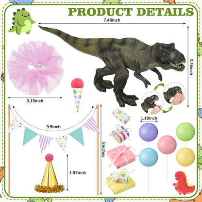 Weysat 19 Pcs Dinosaur Cake Toppers Decorations Set Mini Birthday Hat Skirt Triangle Flag Banner Decor Balls andIce Cream Cone Cake Topper for Dinosaur Theme Birthday Gender Reveal Party Decorations