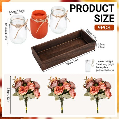 VAIPI Fall Decor Mason Jar Centerpiece Table Decorations with 3 Jar Flowers String Lights and Wooden Tray Fall Decorations for Home Dining Room Farmhouse Autumn Wedding Kitchen Living Room Bathroom