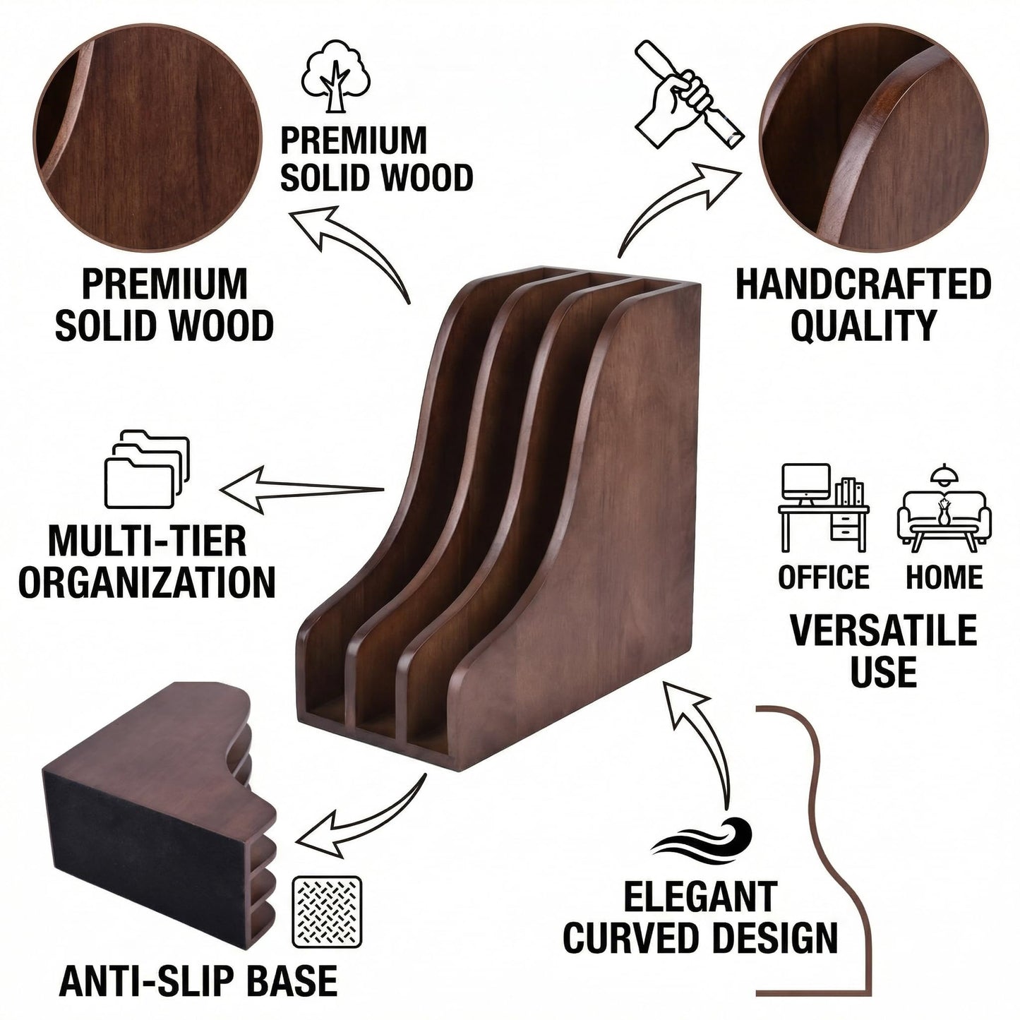 Solid Wood Vertical File Organizer, Desktop Document Holder with Customizable Design, Multifunctional Desk Organizer for Mail, Paper, Books, Files, Laptops, Office & Home Desktop Organization