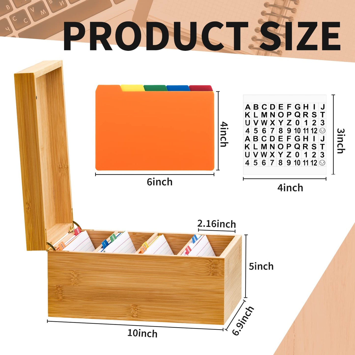 Henoyso 4 x 6 Inch Index Card Holder Set, Bamboo Organizer Box with 50 Dividers & 2 Sheets Alphabet Number Stickers File Note Holders, Holds 1200 Cards for Office Business Home Kitchen, Wooden Color