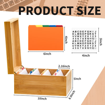 Henoyso 4 x 6 Inch Index Card Holder Set, Bamboo Organizer Box with 50 Dividers & 2 Sheets Alphabet Number Stickers File Note Holders, Holds 1200 Cards for Office Business Home Kitchen, Wooden Color