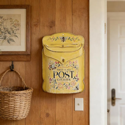 Wall Mount Mailbox for Outside Vintage Mail Boxes for House Outside Metal Door Mailbox Drop Box Antique Style Nostalgic Charm Home Decorative, Flower Pattern, Yellow