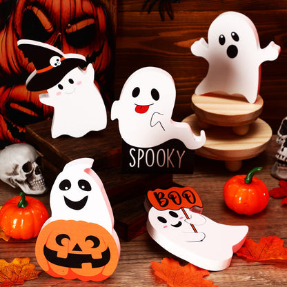 5 Pcs Halloween Ghost Table Decorations Cute Ghost Decor Indoor Wooden Witch Boo Centerpieces Spooky Tiered Tray Pumpkin Signs Fall Rustic Decor for Party Shelf Display(Cute Style)
