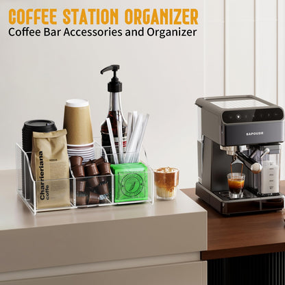 Upitry Acrylic Coffee Bar Organizer Station - Multiple Compartments - Kitchen Bar Tools Storage Rack - Beverage Station Organizer for Coffee Creamer Syrup