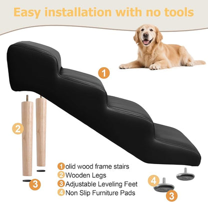 4-Step 18" H Dog Stairs for Bed Couch, Waterproof & Scratch PU Leather Pet Steps for Small Senior Dogs and Cats, Dog Ramp with 220 lbs Maximum, Oak Leg & Solid Wood, Non-Slip Feet, Black