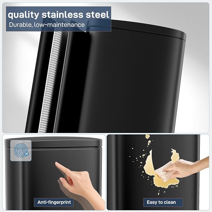 Arlopu 8 Gallon Step Trash Can, Stainless Steel Garbage Bin, Soft-Close Rubbish Bin with Removable Plastic Inner Bucket, Fingerprint-Proof, Lid Dustbin, Suit for Kitchen Home (Black, 30L)
