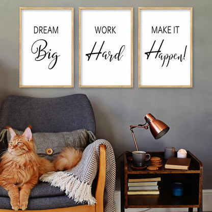 Motivational Positive Sign Wall Decor 11x16 Inch Office Set Of 3 Wood Framed Large Inspirational Quotes Living Room Home Wall Art Dream Big Work Hard Make it Happen women Hanging (Wood)