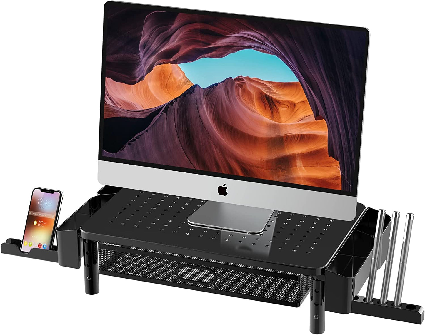 CHENOMiNL Desk Organizer with Drawer and Phone Holder, Computer Monitor Stand Riser for Home Office - Space-Saving Desktop Shelf with Sturdy Steel Frame, Black