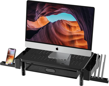CHENOMiNL Desk Organizer with Drawer and Phone Holder, Computer Monitor Stand Riser for Home Office - Space-Saving Desktop Shelf with Sturdy Steel Frame, Black