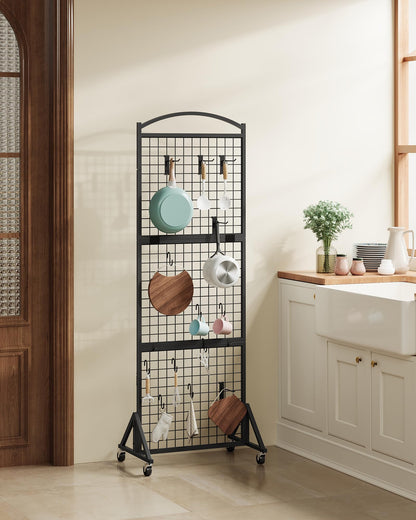 CHOEZON Foldable Grid Wall Panel 1.9' x 5.6' FT, Movable Gridwall Display Rack, Wire Grid Rack on Wheels, Retail Display Stand, with 4 S-Shaped Hooks and 4 Garment Hooks, Black TCJ37BB