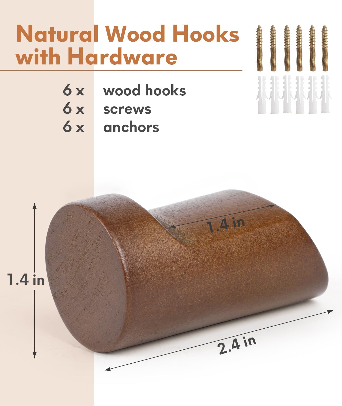 Optish Wood Wall Hooks for Hanging, 6 Pack Hat Hook for Walls, Coat Hook Wall Mount, Backpack Hooks for Walls, Bathroom Towel Hanger (Walnut)