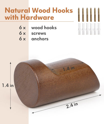 Optish Wood Wall Hooks for Hanging, 6 Pack Hat Hook for Walls, Coat Hook Wall Mount, Backpack Hooks for Walls, Bathroom Towel Hanger (Walnut)